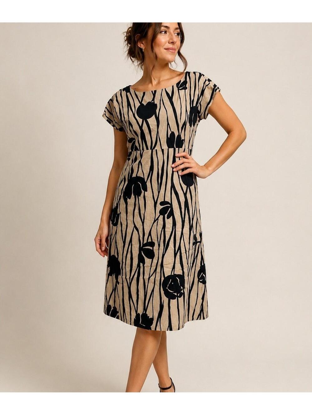 Attention Beige Cotton Floral Midi Dress Womens Size 4 Romantic Fairy Cottage